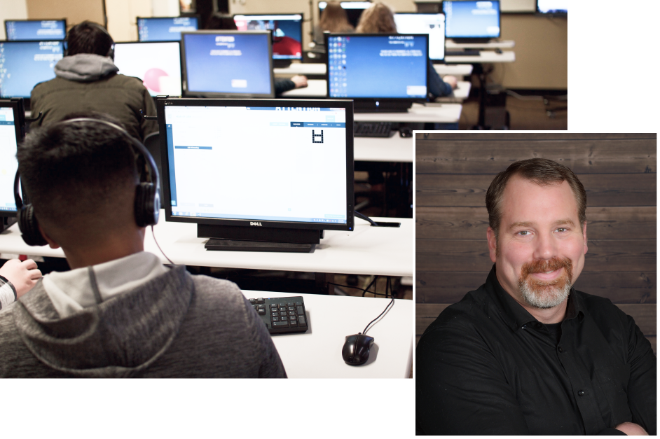 Left: Students work in a lab at Silverton High School, which offers extensive programming and CS classes. Right: Silver Falls School District Technology Director Drew Hinds.