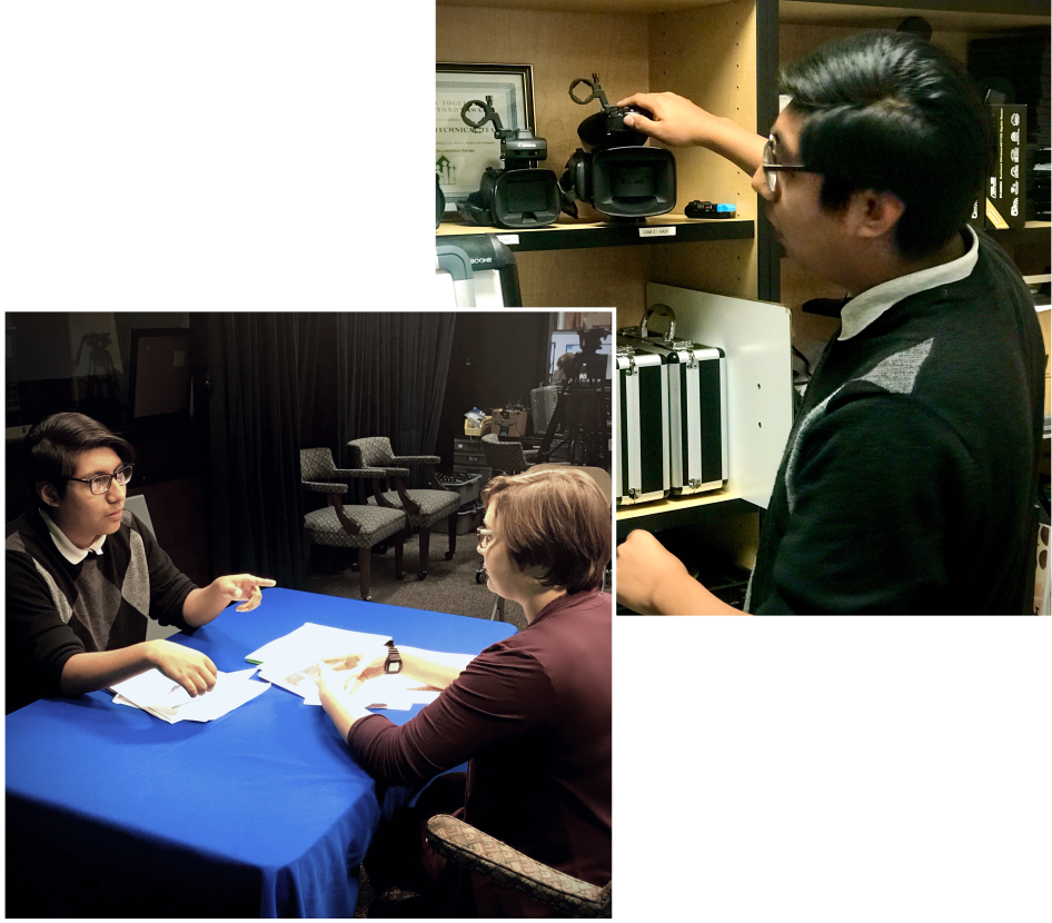 Left: Junior Daniel Vasquez, who is the student production manager at SCAN TV discusses upcoming programming with multimedia assistant Maddy Traver. Right: Vasquez organizes equipment in the small studio.