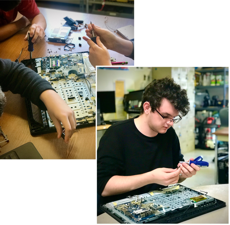 Left: Students in a hardware computer science class work collaboratively to disassemble, test and re-assemble an all-in-one desktop computer. Right: Junior Austin Hudson estimates that the process would take him around an hour and a half.