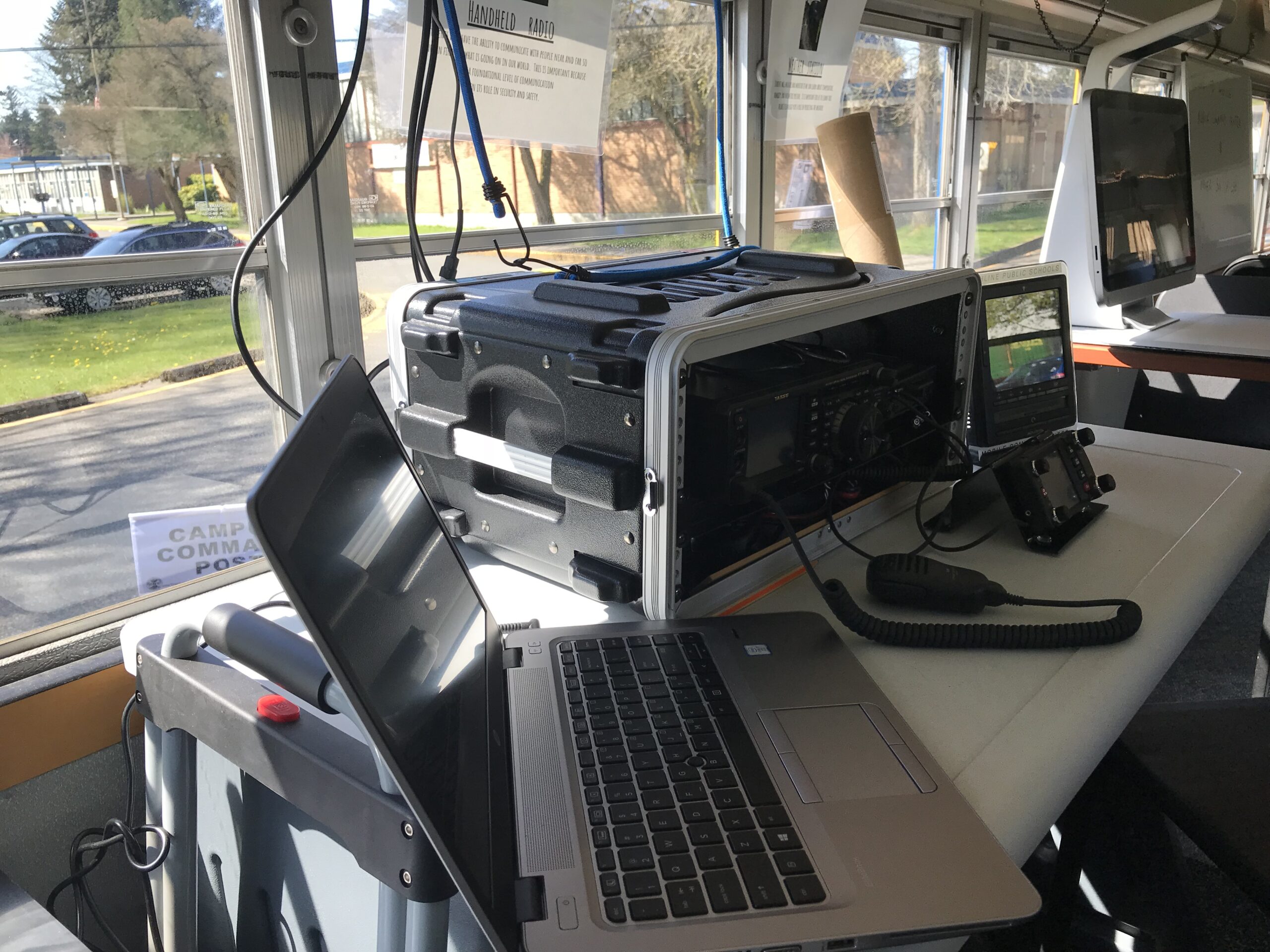 The bus is fully equipped for communication, including four ham radios, a J-pole and multi-function antenna tower, two 900Mhz radios, an 800Mhz radio, multi-carrier Cradle Point Access Point, cell carrier hotspots and more.